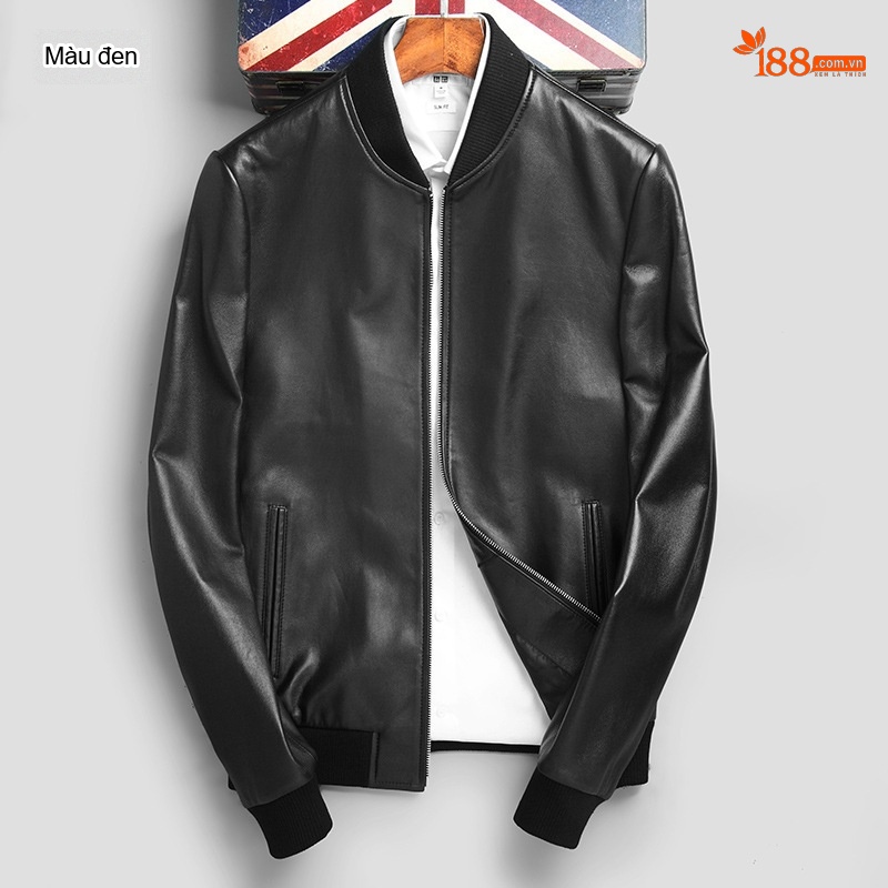 Áo Khoác Da Cừu Thật Nam Dáng Bomber Ngắn Cổ Trụ Màu Đen