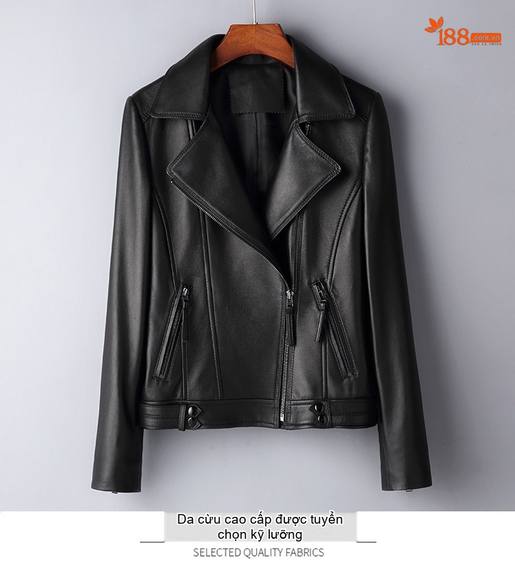 Áo Khoác Da Cừu Thật Nữ Kiểu Motor Biker Dáng Ôm Cổ chữ Vest Ngắn Màu Đen chi tiết 1