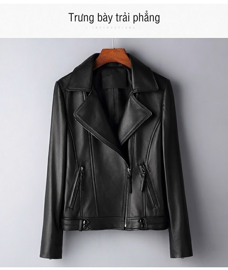 Áo Khoác Da Cừu Thật Nữ Kiểu Motor Biker Dáng Ôm Cổ chữ Vest Ngắn Màu Đen chi tiết 5