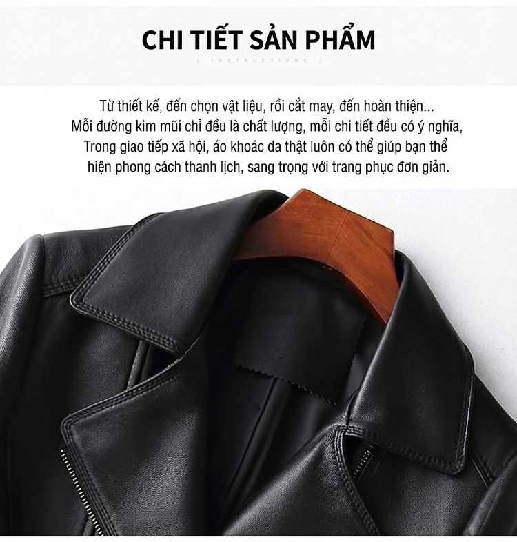 Áo Khoác Da Cừu Thật Nữ Kiểu Motor Biker Dáng Ôm Cổ chữ Vest Ngắn Màu Đen chi tiết 10