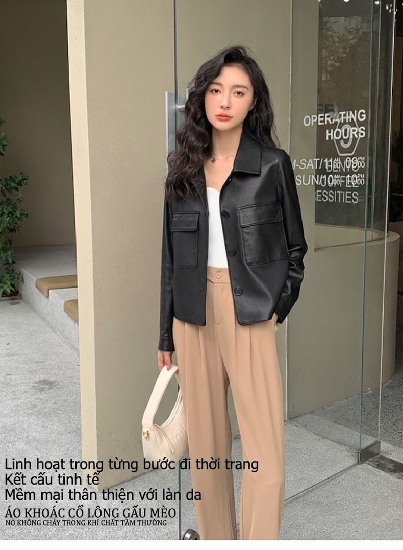 Áo Khoác Da Cừu Thuần Thực Vật Nữ Cổ Bẻ Túi Hộp Phong Cách Công Sở Màu Đen, Nâu Đỏ chi tiết 2