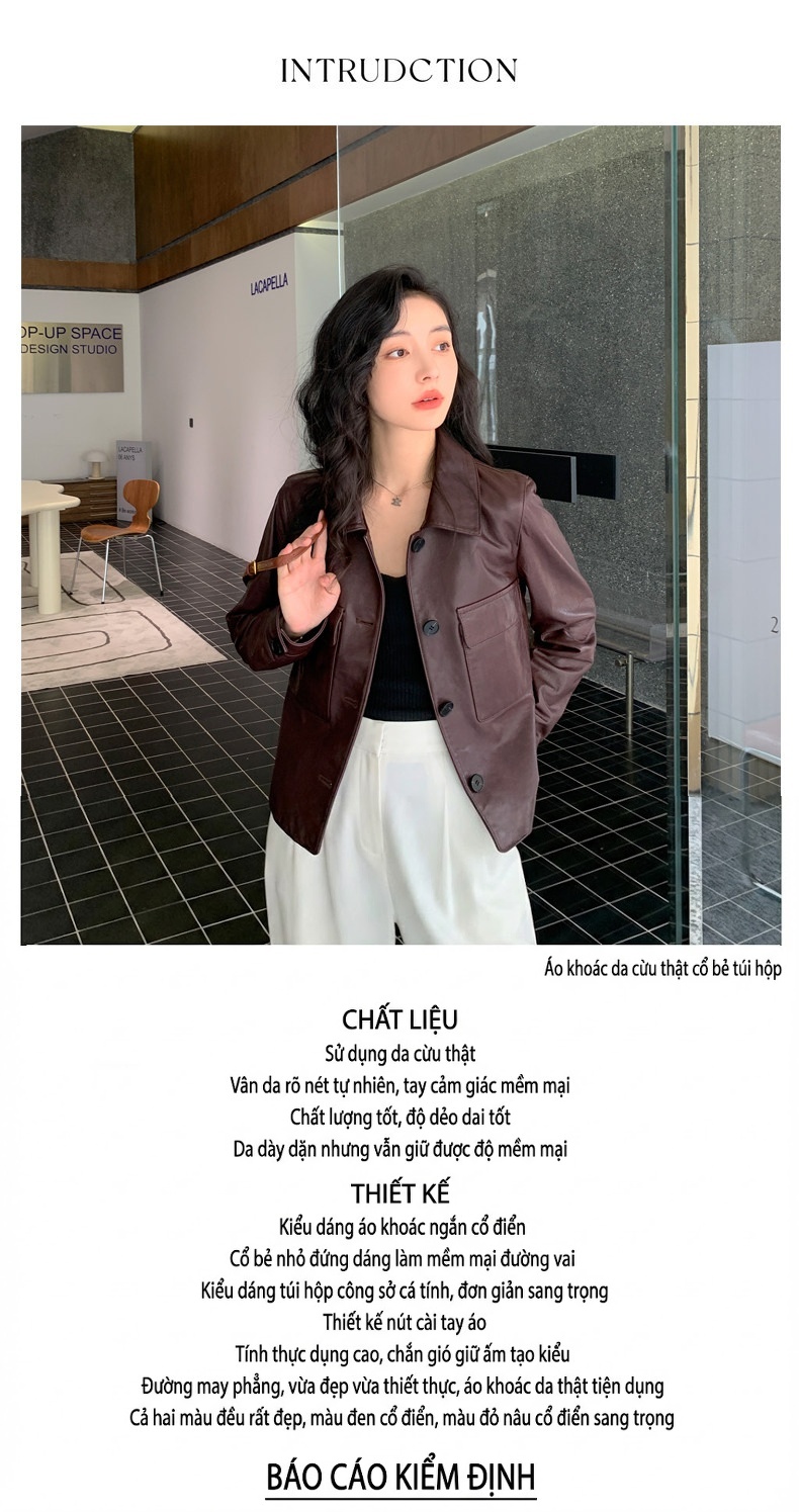 Áo Khoác Da Cừu Thuần Thực Vật Nữ Cổ Bẻ Túi Hộp Phong Cách Công Sở Màu Đen, Nâu Đỏ chi tiết 3