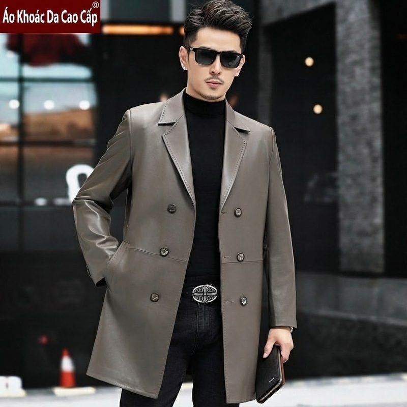 Áo Khoác Da Dáng Dài Nam Da Cừu Hai Hàng Khuy Phong Cách Casual Màu Đen, Nâu, Xám