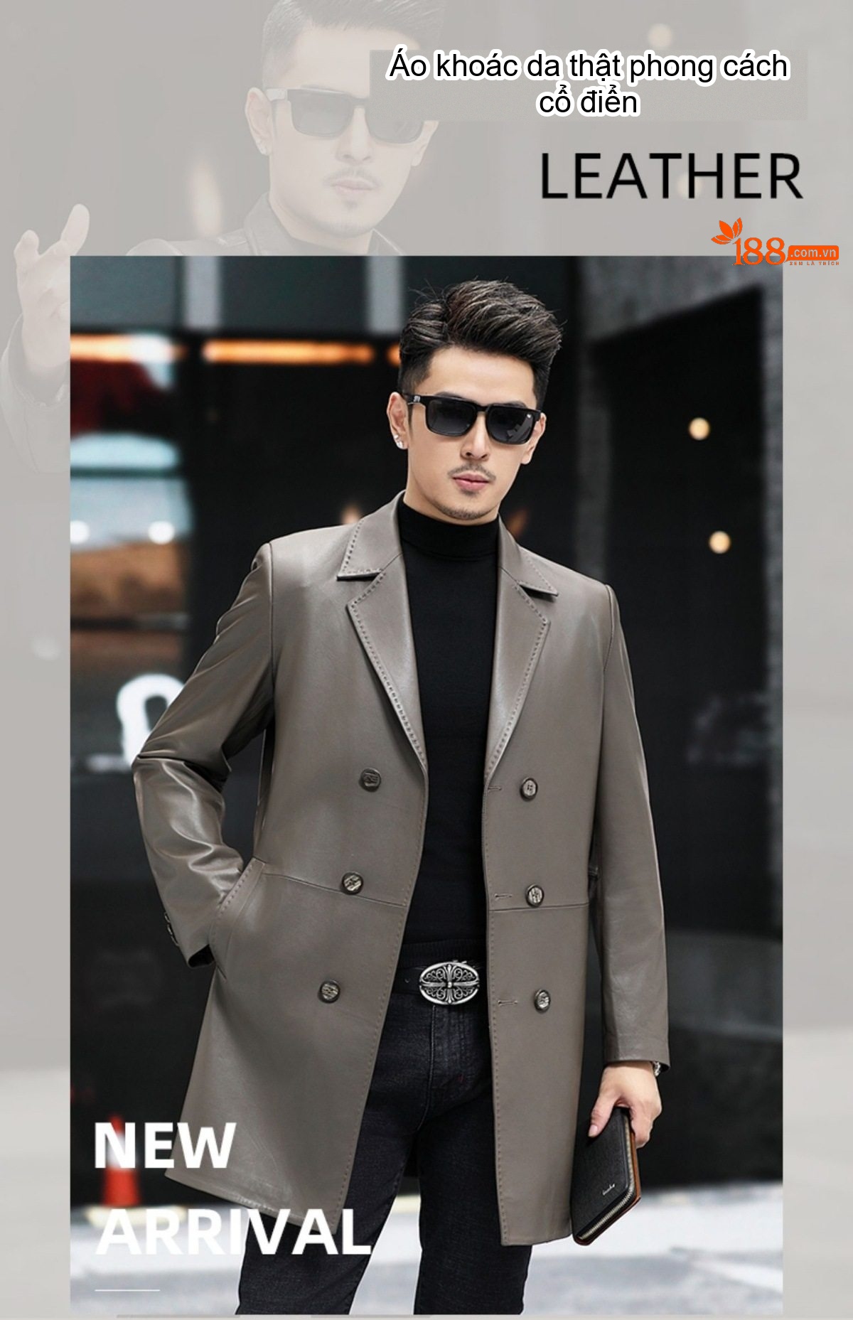 Áo Khoác Da Dáng Dài Nam Da Cừu Hai Hàng Khuy Phong Cách Casual Màu Đen, Nâu, Xám chi tiết 1