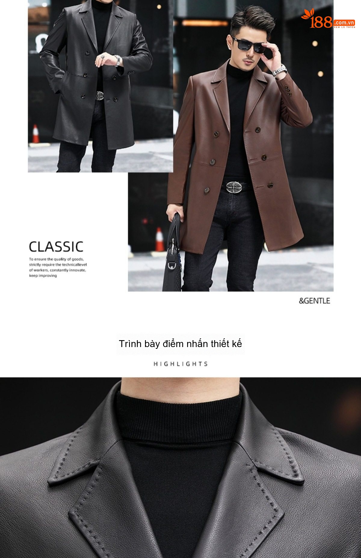 Áo Khoác Da Dáng Dài Nam Da Cừu Hai Hàng Khuy Phong Cách Casual Màu Đen, Nâu, Xám chi tiết 3