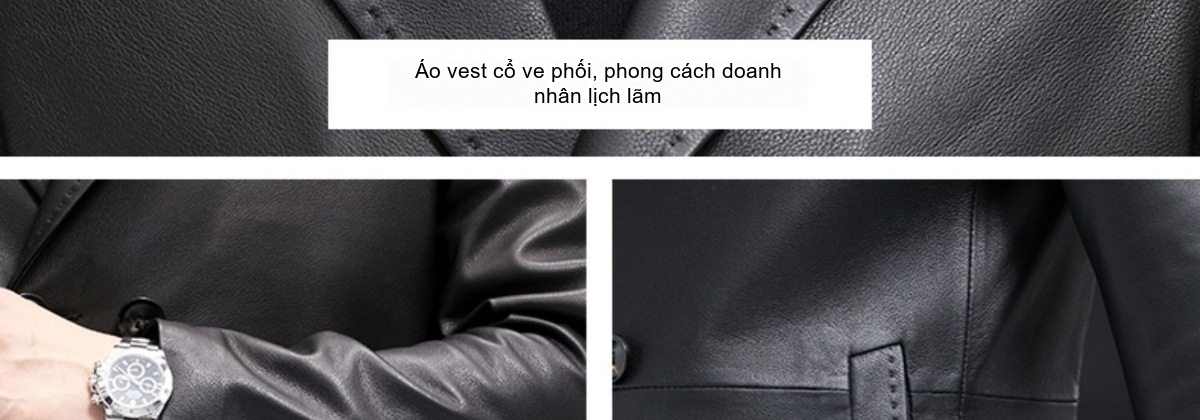 Áo Khoác Da Dáng Dài Nam Da Cừu Hai Hàng Khuy Phong Cách Casual Màu Đen, Nâu, Xám chi tiết 4