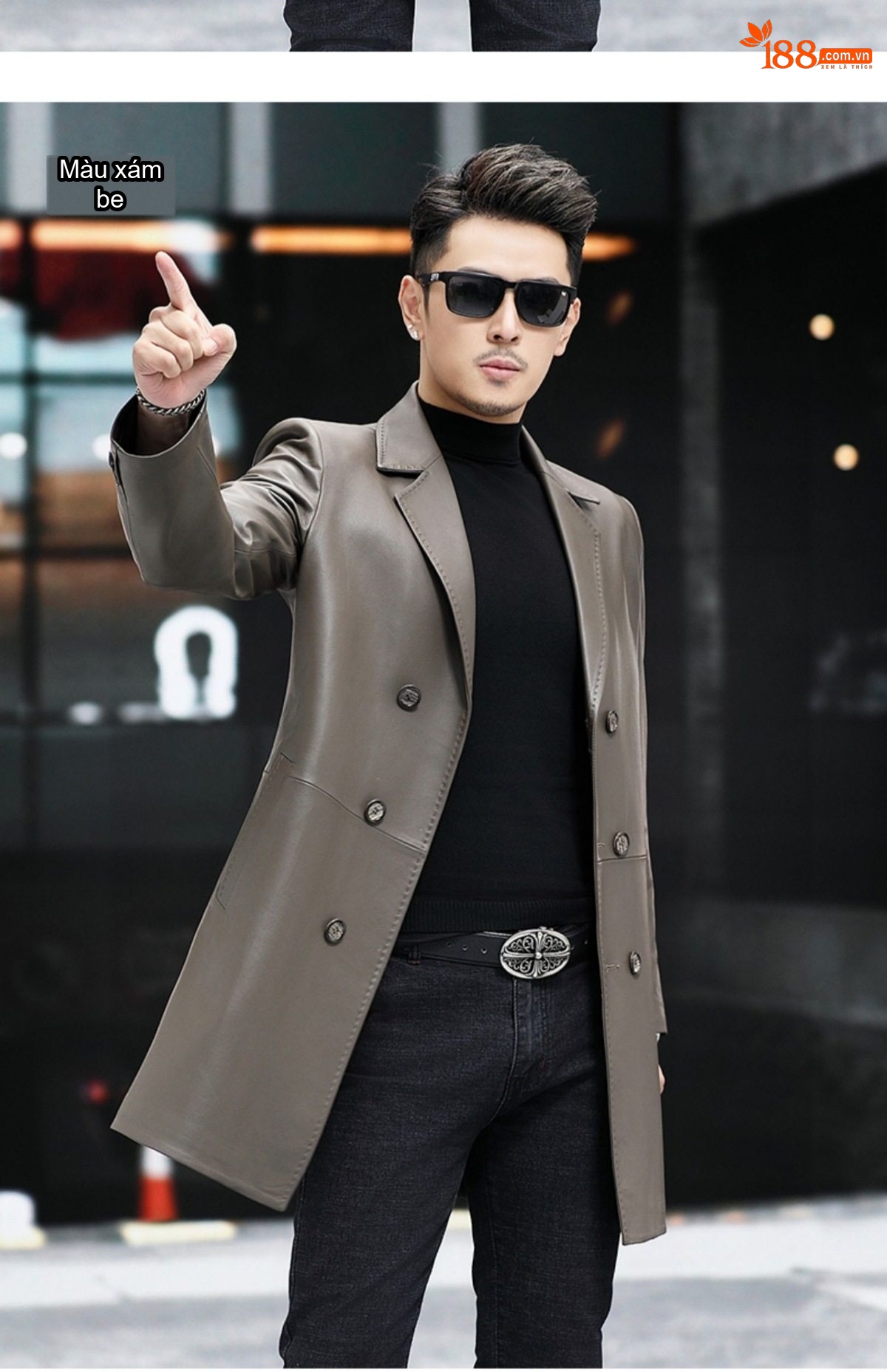 Áo Khoác Da Dáng Dài Nam Da Cừu Hai Hàng Khuy Phong Cách Casual Màu Đen, Nâu, Xám chi tiết 17