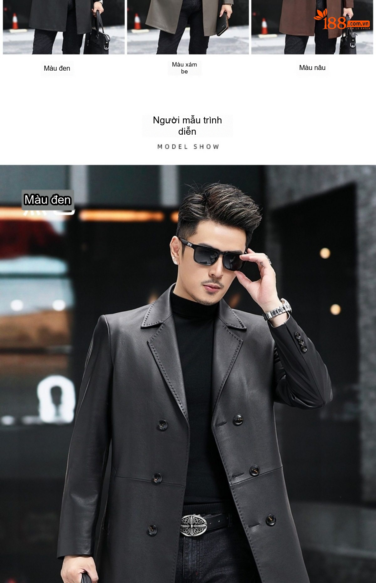 Áo Khoác Da Dáng Dài Nam Da Cừu Hai Hàng Khuy Phong Cách Casual Màu Đen, Nâu, Xám chi tiết 9