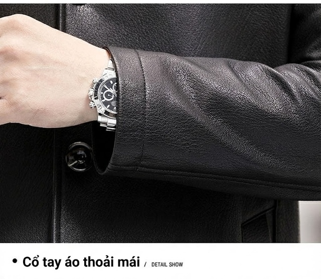 Áo Khoác Da Dáng Dài Nam Da Dê Lót Lông Thật Cổ Lông Rời Màu Đen chi tiết 19