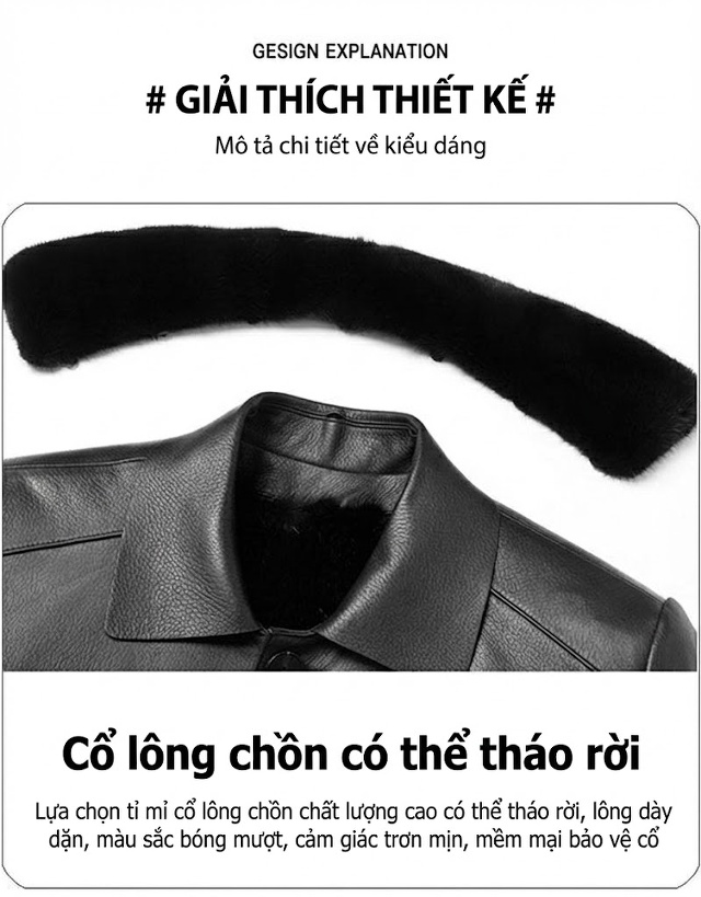 Áo Khoác Da Dáng Dài Nam Da Dê Lót Lông Thật Cổ Lông Rời Màu Đen chi tiết 5