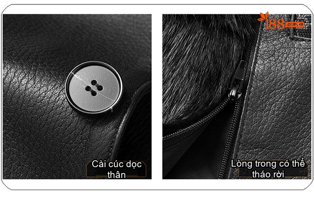 Áo Khoác Da Dáng Dài Nam Da Dê Lót Lông Thật Cổ Lông Rời Màu Đen chi tiết 6
