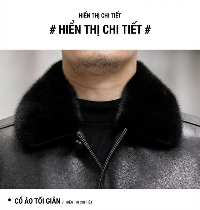 Áo Khoác Da Dáng Dài Nam Da Dê Lót Lông Thật Cổ Lông Rời Màu Đen chi tiết 16