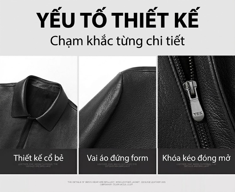 Áo Khoác Da Dáng Dài Nam Da Thật Cổ Bẻ Màu Đen chi tiết 3