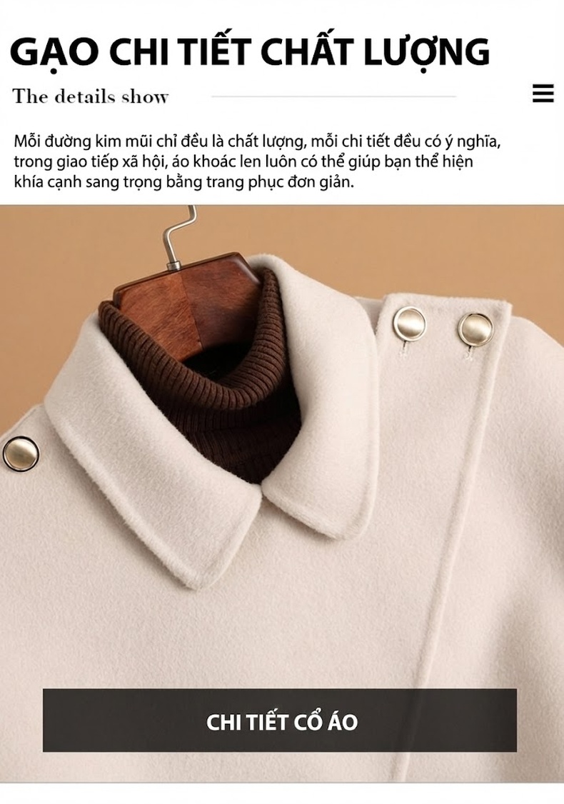 Áo Khoác Dạ Dáng Dài Nữ Hai Mặt Cổ chữ Vest Cape Tháo Rời Màu Đỏ, Kem, Nâu, Đen chi tiết 15