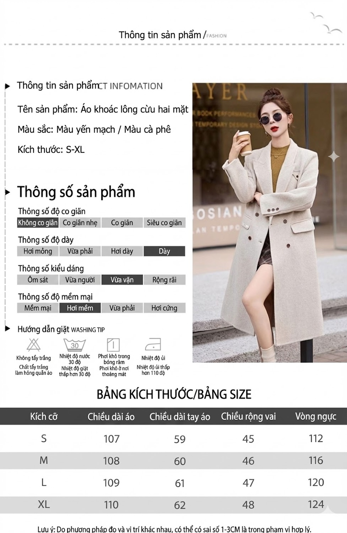 Áo Khoác Dạ Lông Cừu Hai Mặt Dáng Dài Phong Cách Hàn Quốc Màu Be, Nâu chi tiết 13