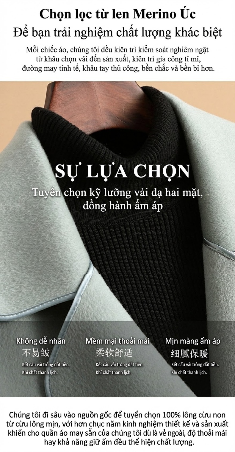 Áo Khoác Dạ Lông Cừu Hai Mặt Dáng Dài Thu Đông Nữ Trẻ Trung Màu Xanh Bạc Hà chi tiết 1