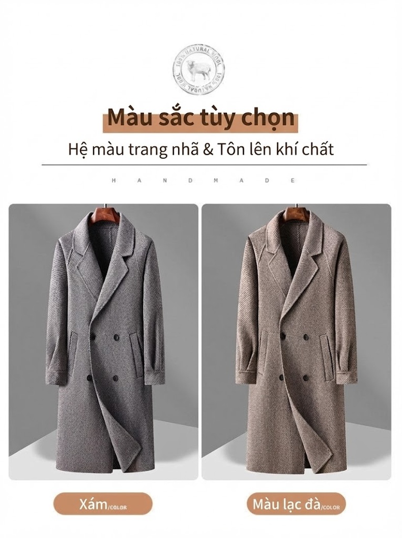 Áo Khoác Dạ Lông Cừu Nam Dáng Dài Hai Hàng Khuy Cổ chữ Vest Form Rộng Màu Xám, Nâu chi tiết 4