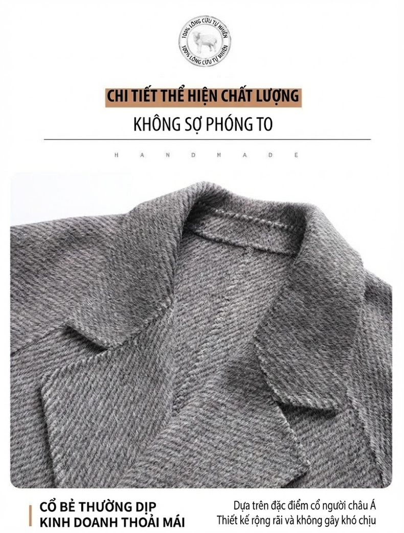 Áo Khoác Dạ Lông Cừu Nam Dáng Dài Hai Hàng Khuy Cổ chữ Vest Form Rộng Màu Xám, Nâu chi tiết 8