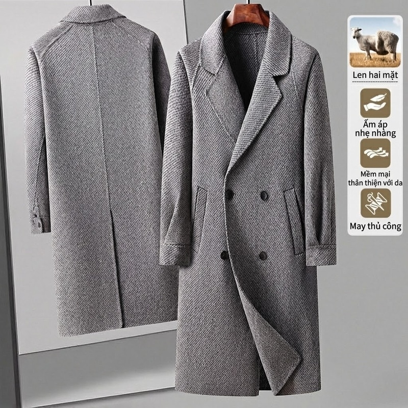 Áo Khoác Dạ Lông Cừu Nam Dáng Dài Hai Hàng Khuy Cổ chữ Vest Form Rộng Màu Xám, Nâu