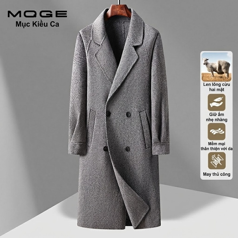 Áo Khoác Dạ Lông Cừu Nam Dáng Dài Hai Hàng Khuy Cổ chữ Vest Form Rộng Màu Xám, Nâu