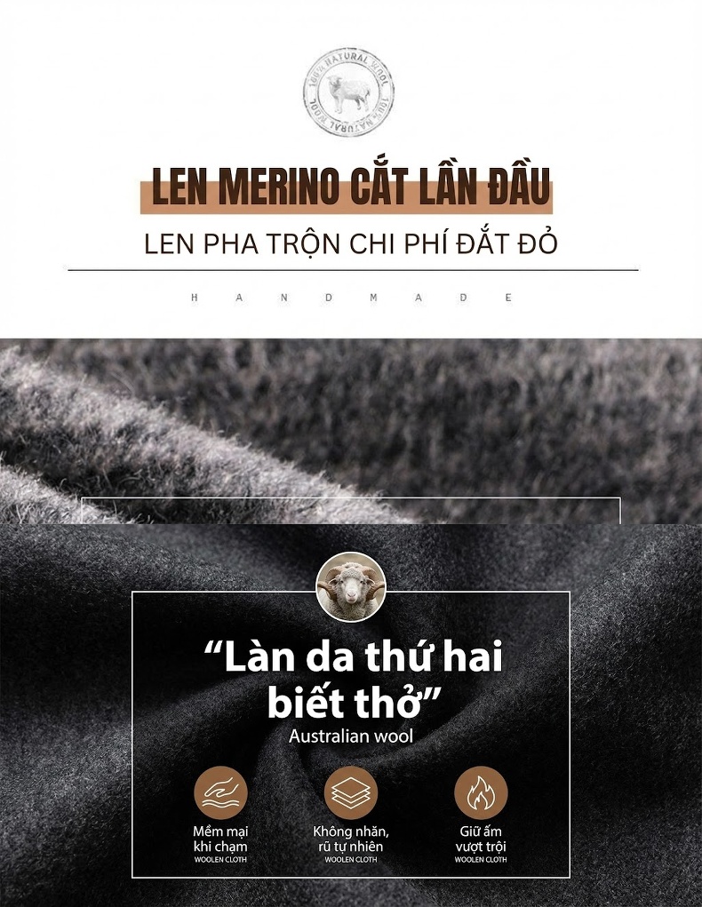 Áo Khoác Dạ Lông Cừu Nam Dáng Dài Hai Hàng Khuy Cổ chữ Vest Form Rộng Màu Xám, Nâu chi tiết 7