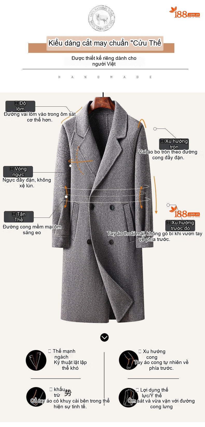 Áo Khoác Dạ Lông Cừu Nam Dáng Dài Hai Hàng Khuy Cổ chữ Vest Form Rộng Màu Xám, Nâu chi tiết 9