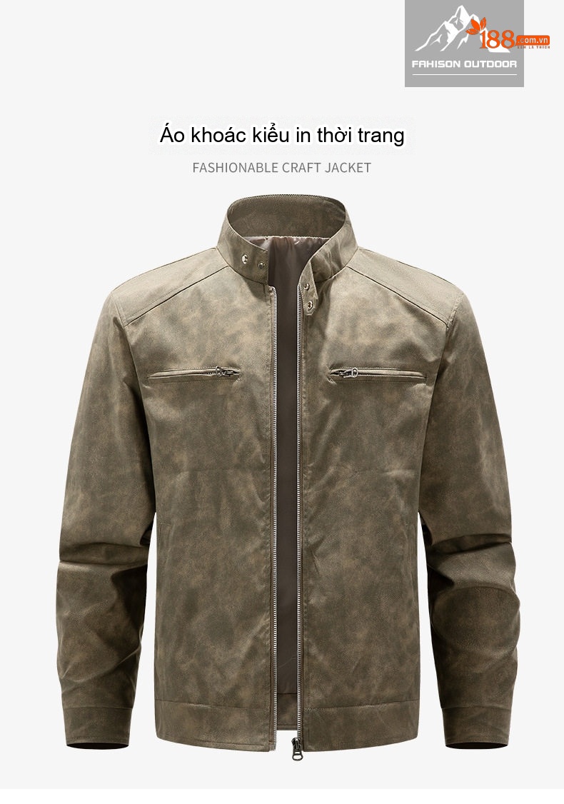 Áo Khoác Da Mờ Nam Cổ Trụ Bomber Phi Công Phong Cách Mỹ Màu Nâu chi tiết 1