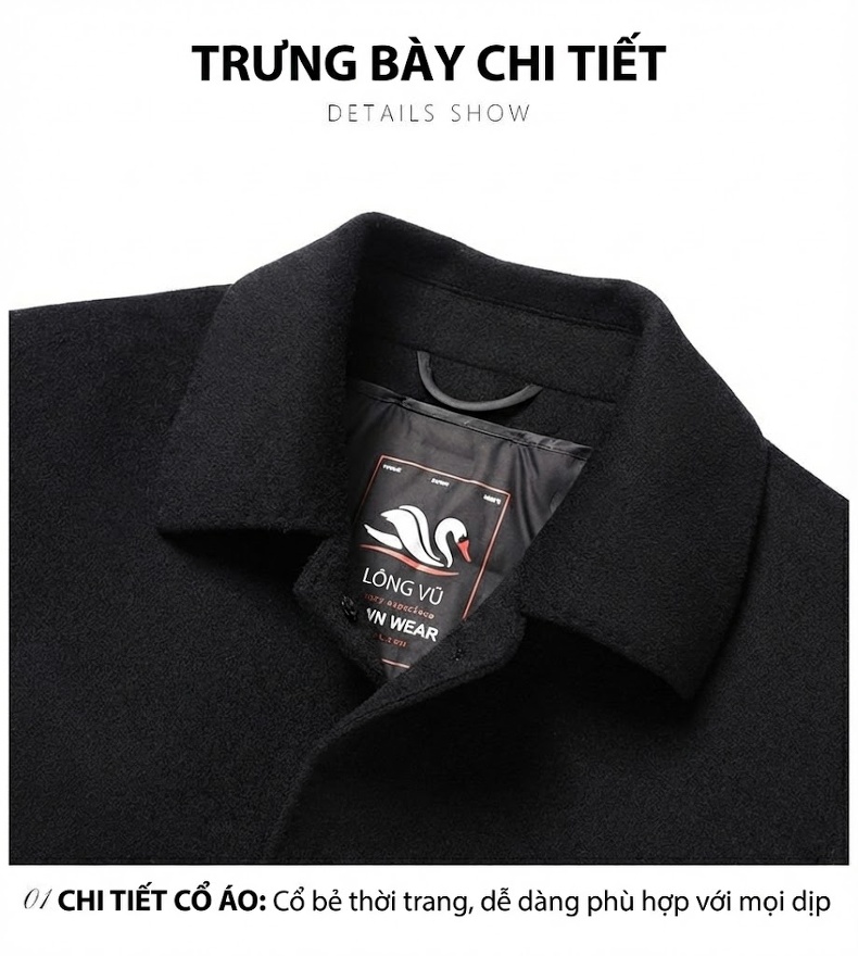 Áo Khoác Dạ Nam 100% Lông Cừu Cổ Bẻ Dáng Dài Vừa, Lót Lông Vũ Màu Đen chi tiết 14
