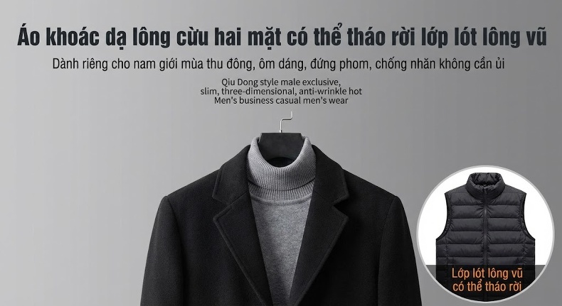 Áo Khoác Dạ Nam 100% Lông Cừu Cổ Bẻ Dáng Dài Vừa, Lót Lông Vũ Màu Đen chi tiết 1