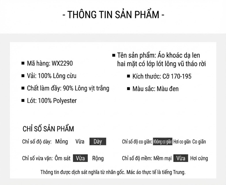Áo Khoác Dạ Nam 100% Lông Cừu Cổ Bẻ Dáng Dài Vừa, Lót Lông Vũ Màu Đen chi tiết 8