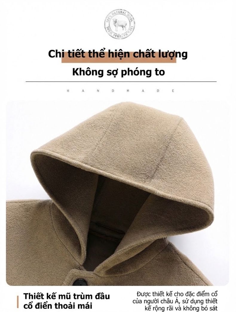 Áo Khoác Dạ Nam 100% Lông Cừu Có Mũ Dáng Dài Lót Lông Vũ Màu Be, Đen chi tiết 12