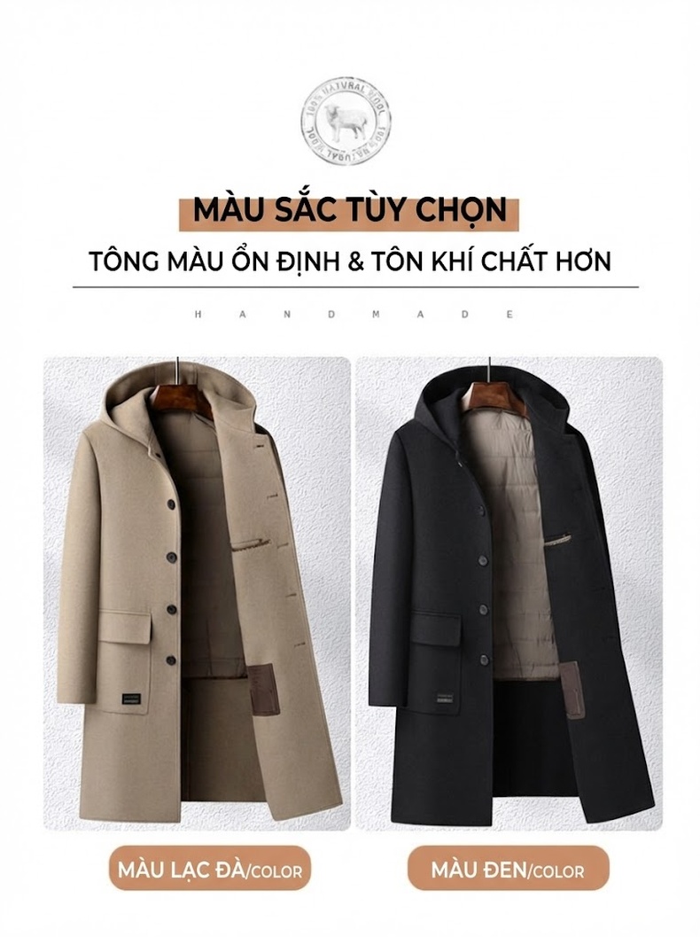 Áo Khoác Dạ Nam 100% Lông Cừu Có Mũ Dáng Dài Lót Lông Vũ Màu Be, Đen chi tiết 14