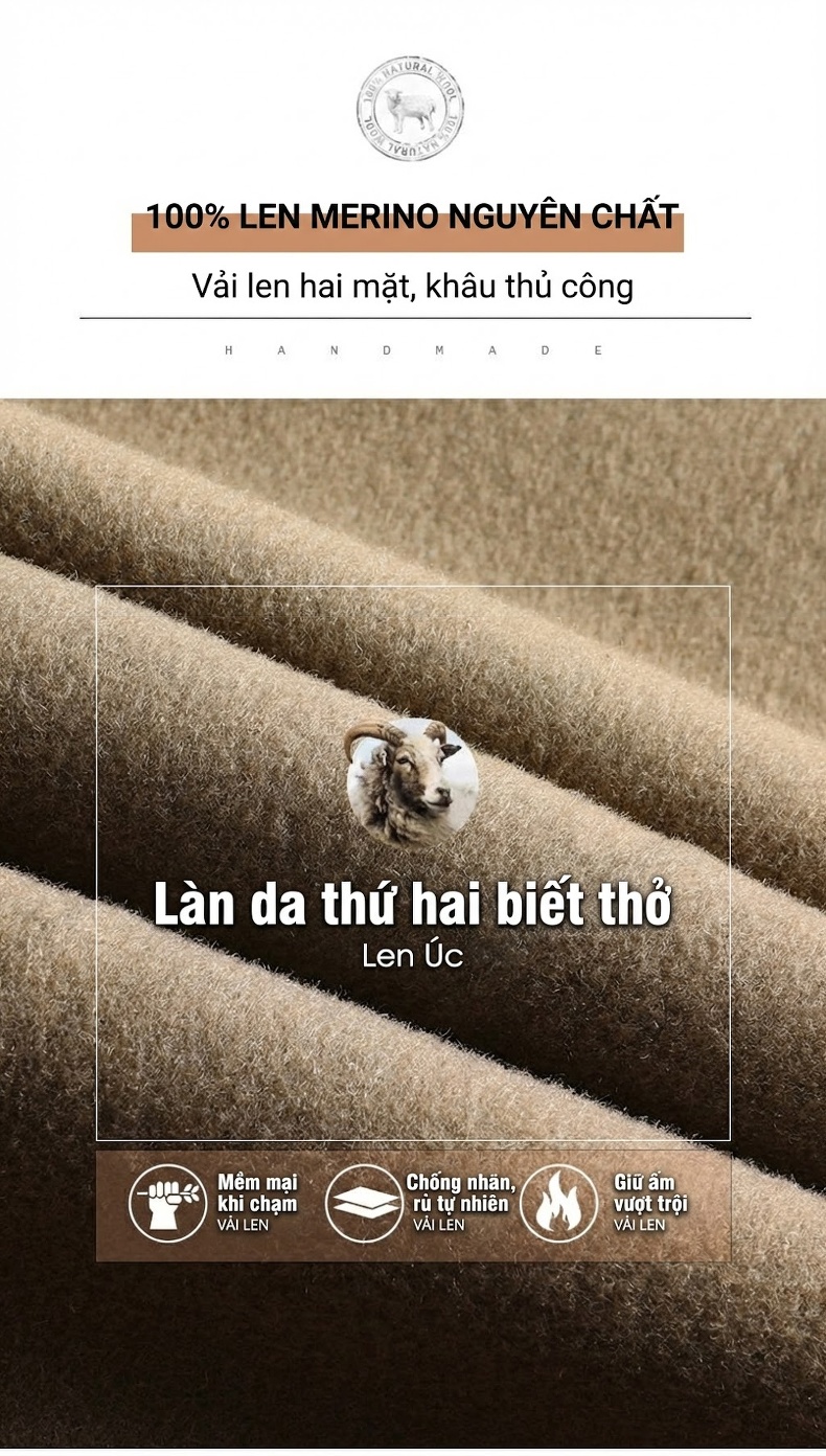Áo Khoác Dạ Nam 100% Lông Cừu Có Mũ Dáng Dài Lót Lông Vũ Màu Be, Đen chi tiết 2