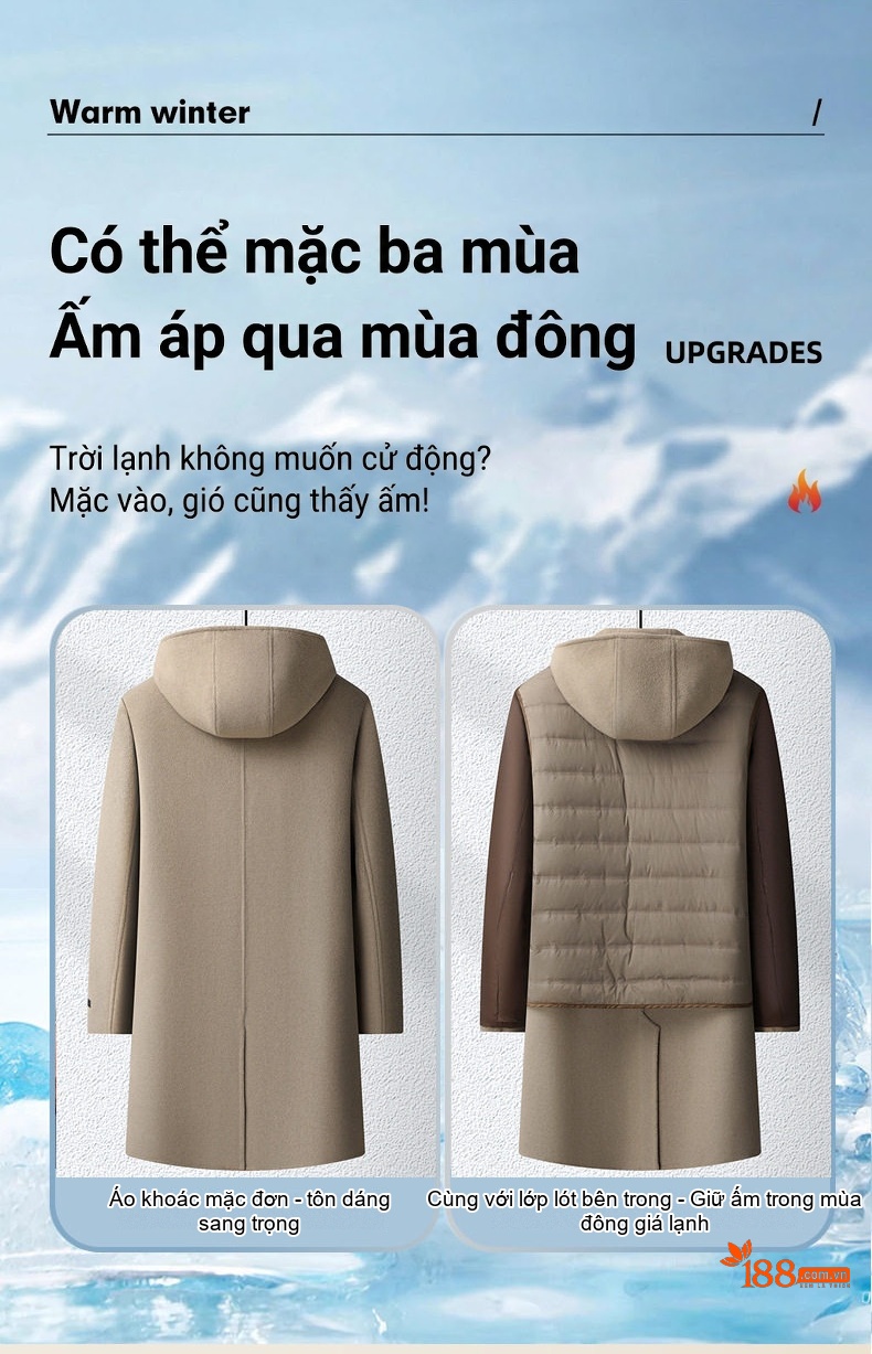 Áo Khoác Dạ Nam 100% Lông Cừu Có Mũ Dáng Dài Lót Lông Vũ Màu Be, Đen chi tiết 9