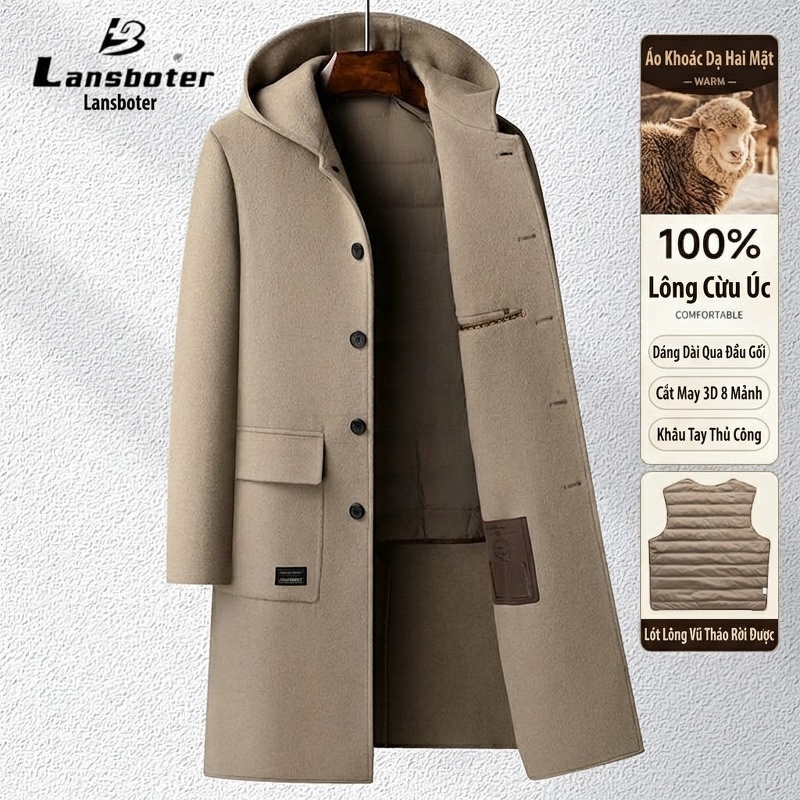 Áo Khoác Dạ Nam 100% Lông Cừu Có Mũ Dáng Dài Lót Lông Vũ Màu Be, Đen