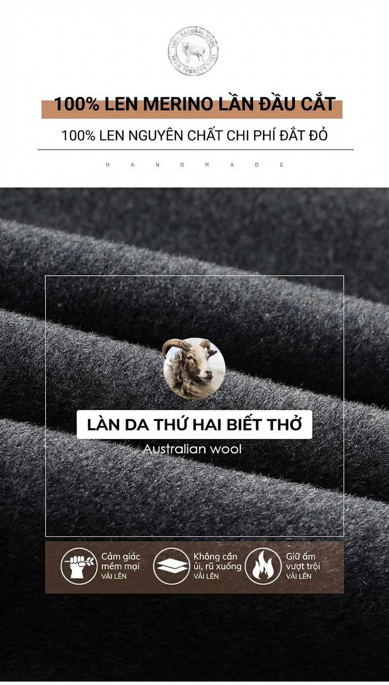 Áo Khoác Dạ Nam 100% Lông Cừu Dáng Dài Cổ chữ Vest Hai Hàng Khuy Màu Đen, Nâu, Xám chi tiết 2