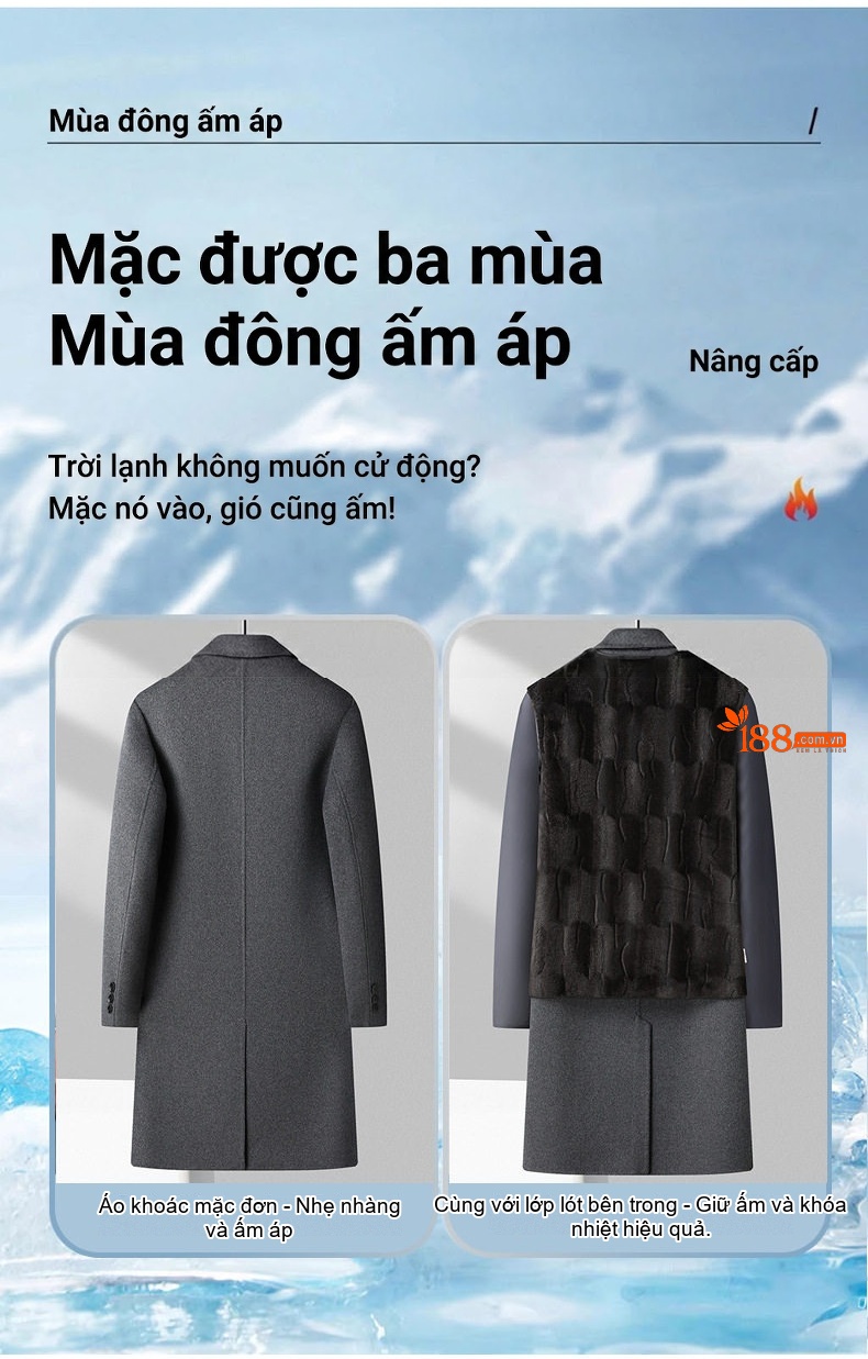 Áo Khoác Dạ Nam 100% Lông Cừu Dáng Dài Cổ chữ Vest Hai Hàng Khuy Màu Đen, Nâu, Xám chi tiết 9
