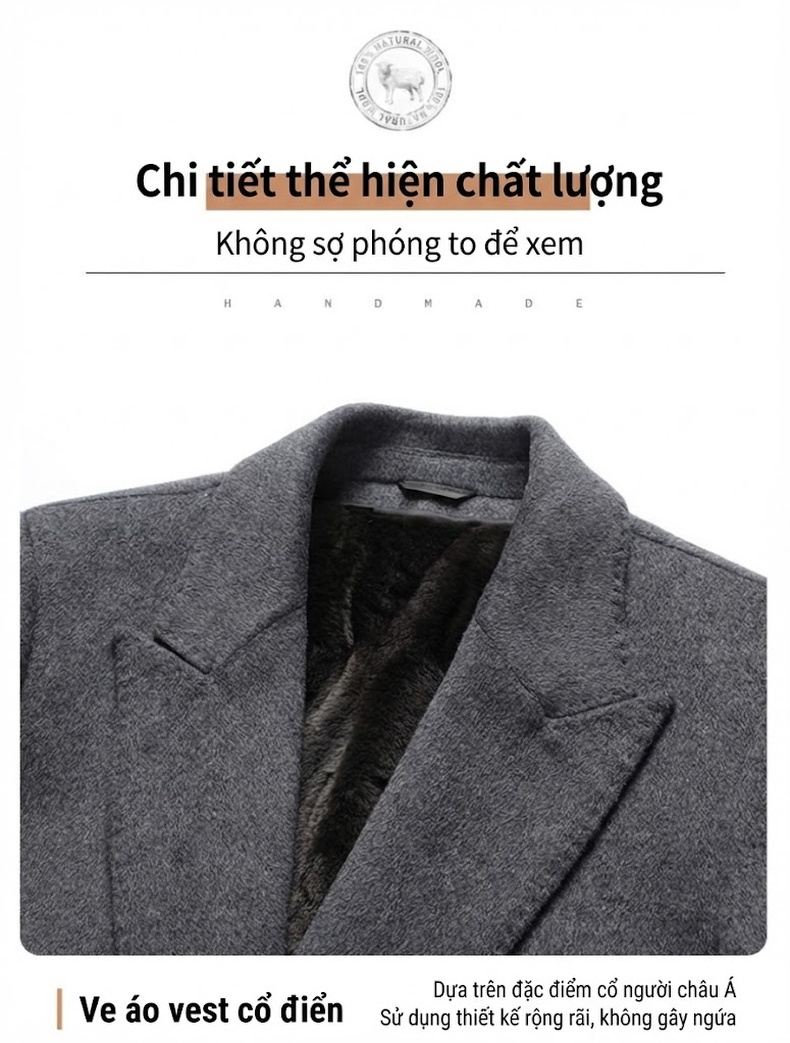 Áo Khoác Dạ Nam 100% Lông Cừu Dáng Dài Cổ chữ Vest Hai Hàng Khuy Màu Đen, Nâu, Xám chi tiết 11
