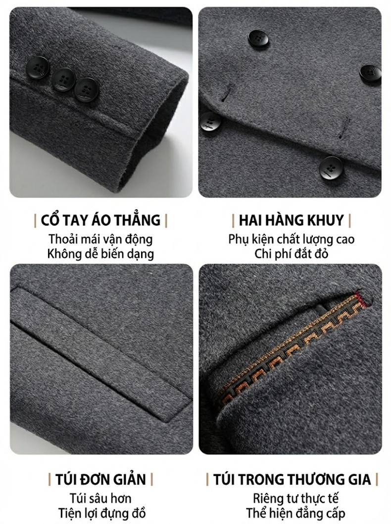 Áo Khoác Dạ Nam 100% Lông Cừu Dáng Dài Cổ chữ Vest Hai Hàng Khuy Màu Đen, Nâu, Xám chi tiết 12