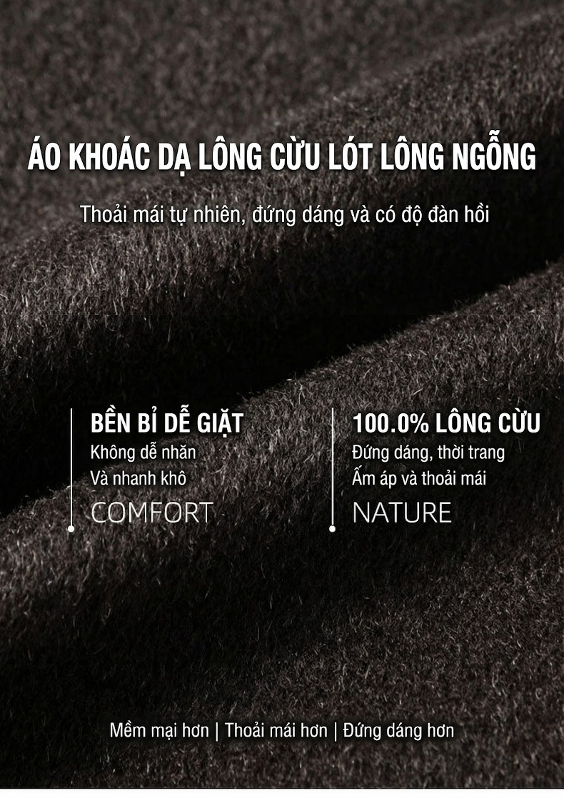 Áo Khoác Dạ Nam 100% Lông Cừu Dáng Dài Qua Gối Hai Hàng Khuy Lót Lông Ngỗng Màu Nâu, Xám, Đen chi tiết 1