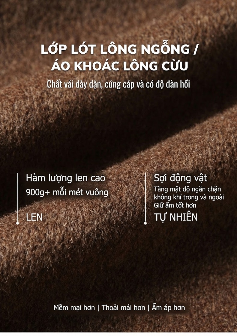 Áo Khoác Dạ Nam 100% Lông Cừu Dáng Dài Qua Gối Hai Hàng Khuy Lót Lông Vũ Màu Nâu, Đen chi tiết 1