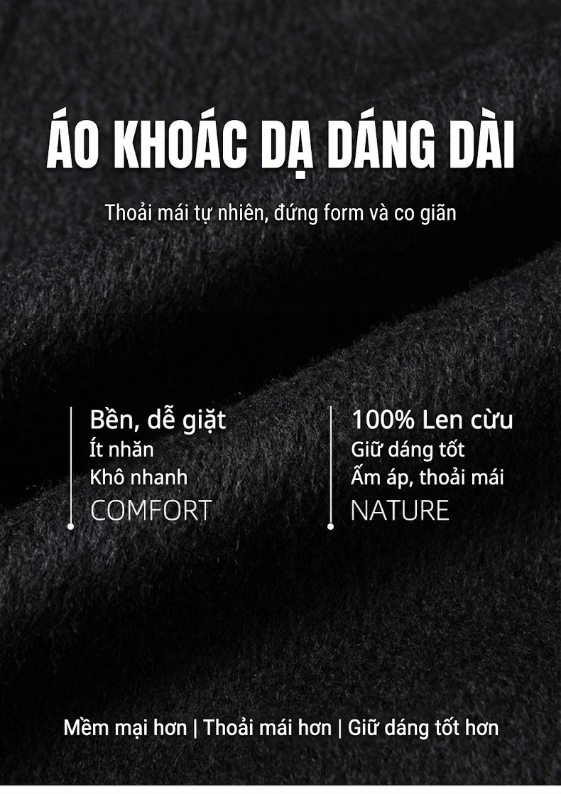Áo Khoác Dạ Nam 100% Lông Cừu Dáng Dài Qua Gối Khuy Đôi Phong Cách Doanh Nhân Màu Đen chi tiết 1