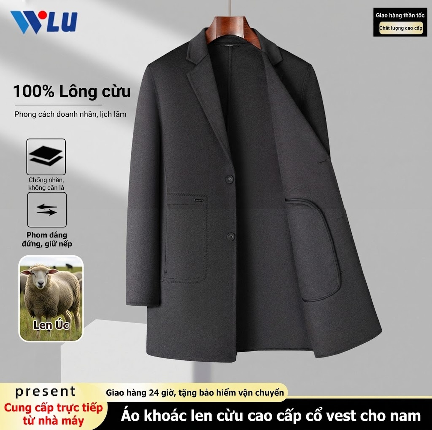 Áo Khoác Dạ Nam 100% Lông Cừu Dáng Dài Vừa Cổ chữ Vest Phong Cách Business Casual Màu Nâu