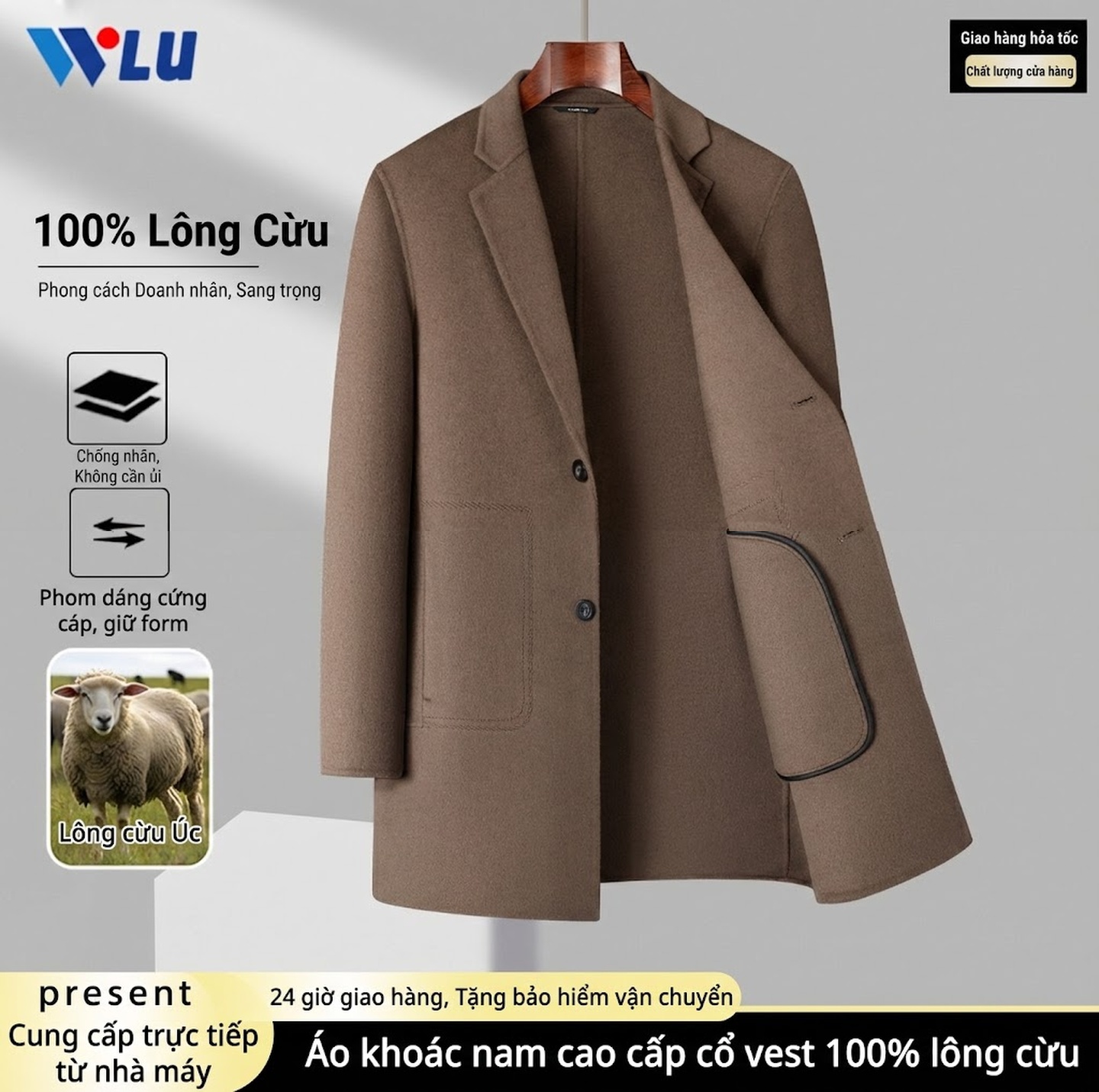 Áo Khoác Dạ Nam 100% Lông Cừu Dáng Dài Vừa Cổ chữ Vest Phong Cách Business Casual Màu Nâu