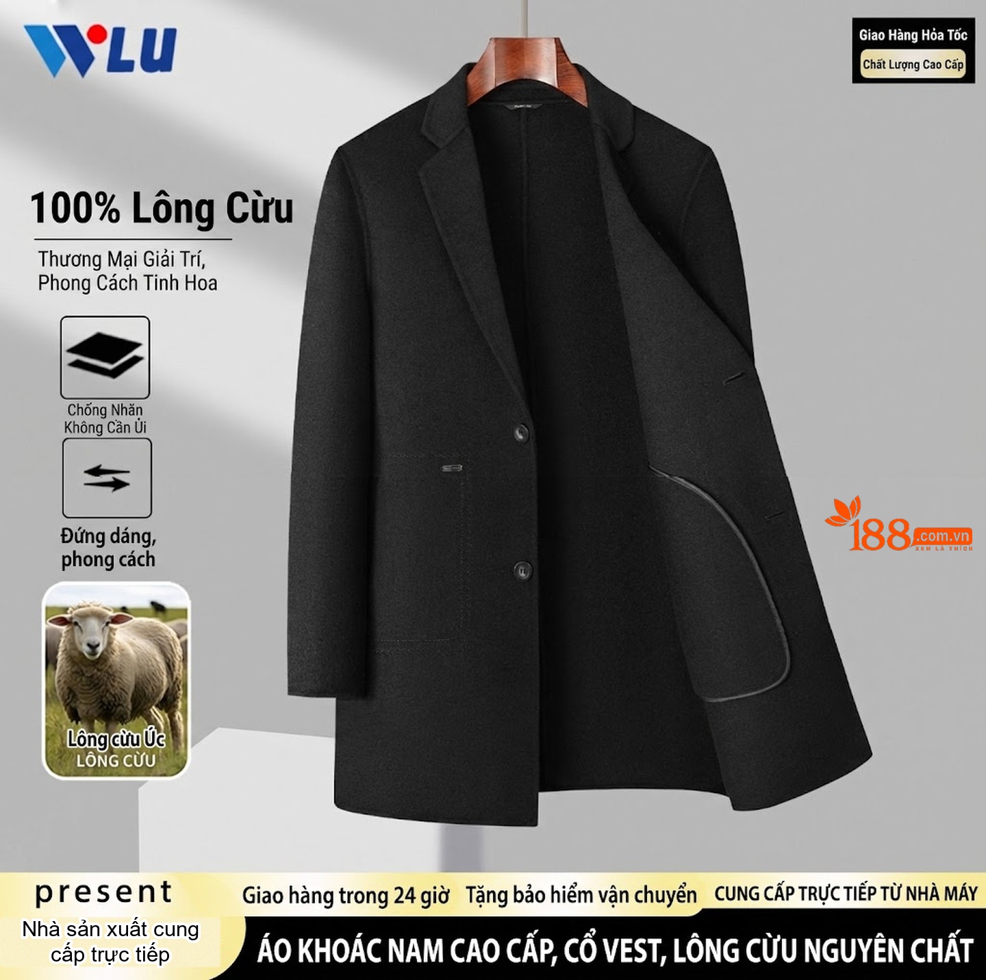 Áo Khoác Dạ Nam 100% Lông Cừu Dáng Dài Vừa Cổ chữ Vest Phong Cách Business Casual Màu Nâu