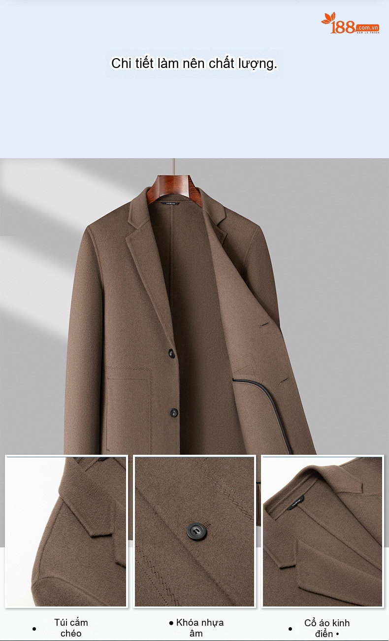 Áo Khoác Dạ Nam 100% Lông Cừu Dáng Dài Vừa Cổ chữ Vest Phong Cách Business Casual Màu Nâu chi tiết 3