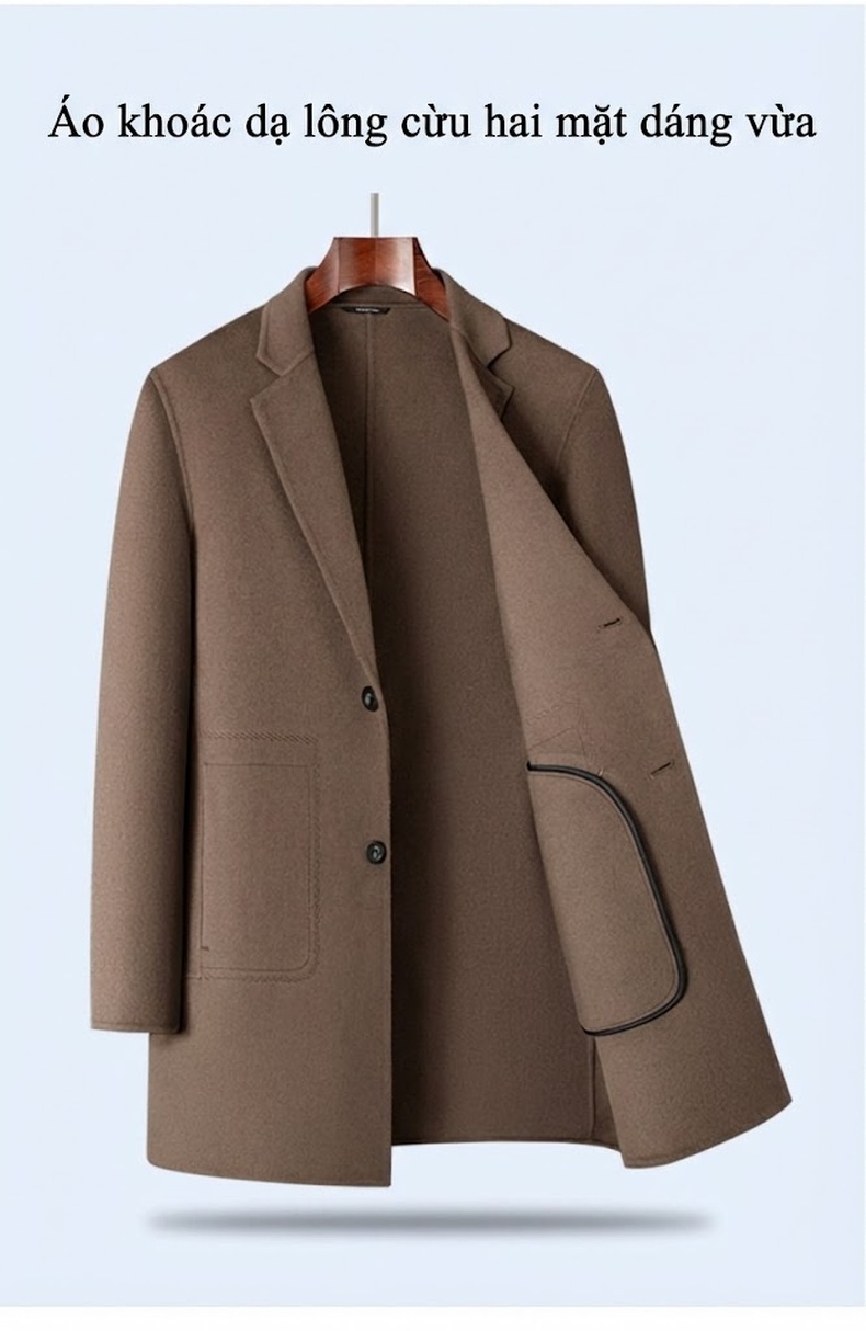 Áo Khoác Dạ Nam 100% Lông Cừu Dáng Dài Vừa Cổ chữ Vest Phong Cách Business Casual Màu Nâu chi tiết 8