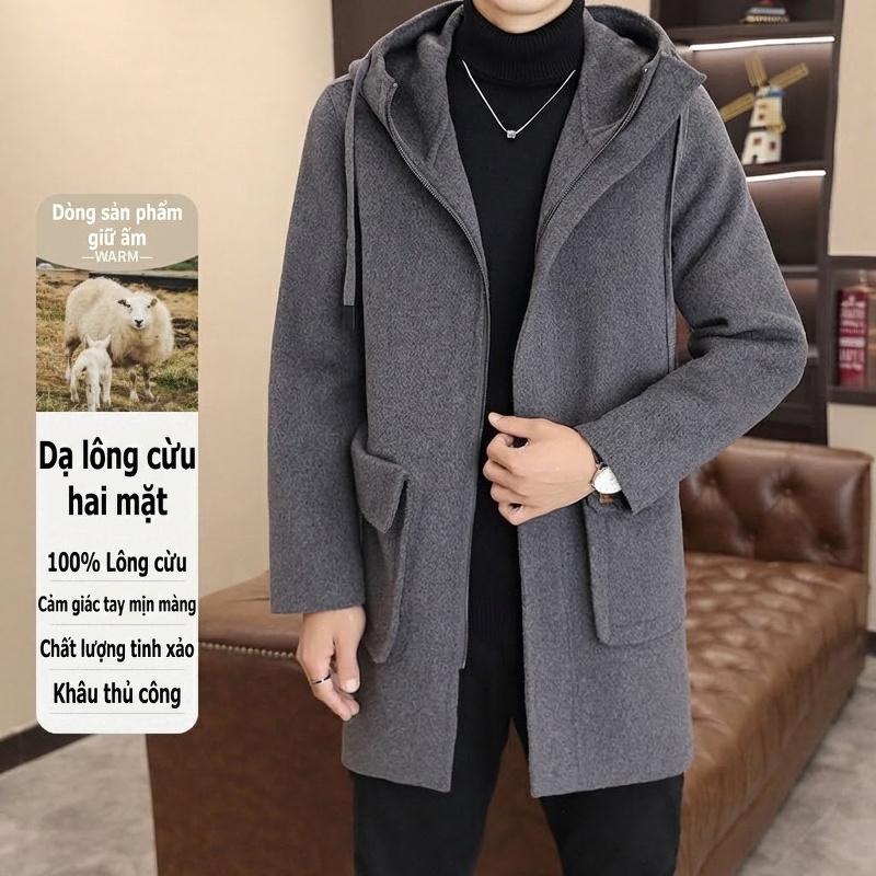 Áo Khoác Dạ Nam 100% Lông Cừu Dáng Dài Vừa Có Mũ Màu Đen, Nâu, Xám