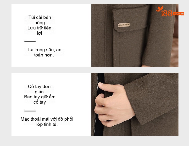 Áo Khoác Dạ Nam 100% Lông Cừu Dáng Dài Vừa Có Mũ Màu Đen, Nâu, Xám chi tiết 7