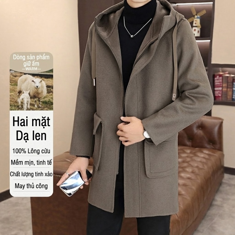Áo Khoác Dạ Nam 100% Lông Cừu Dáng Dài Vừa Có Mũ Màu Đen, Nâu, Xám